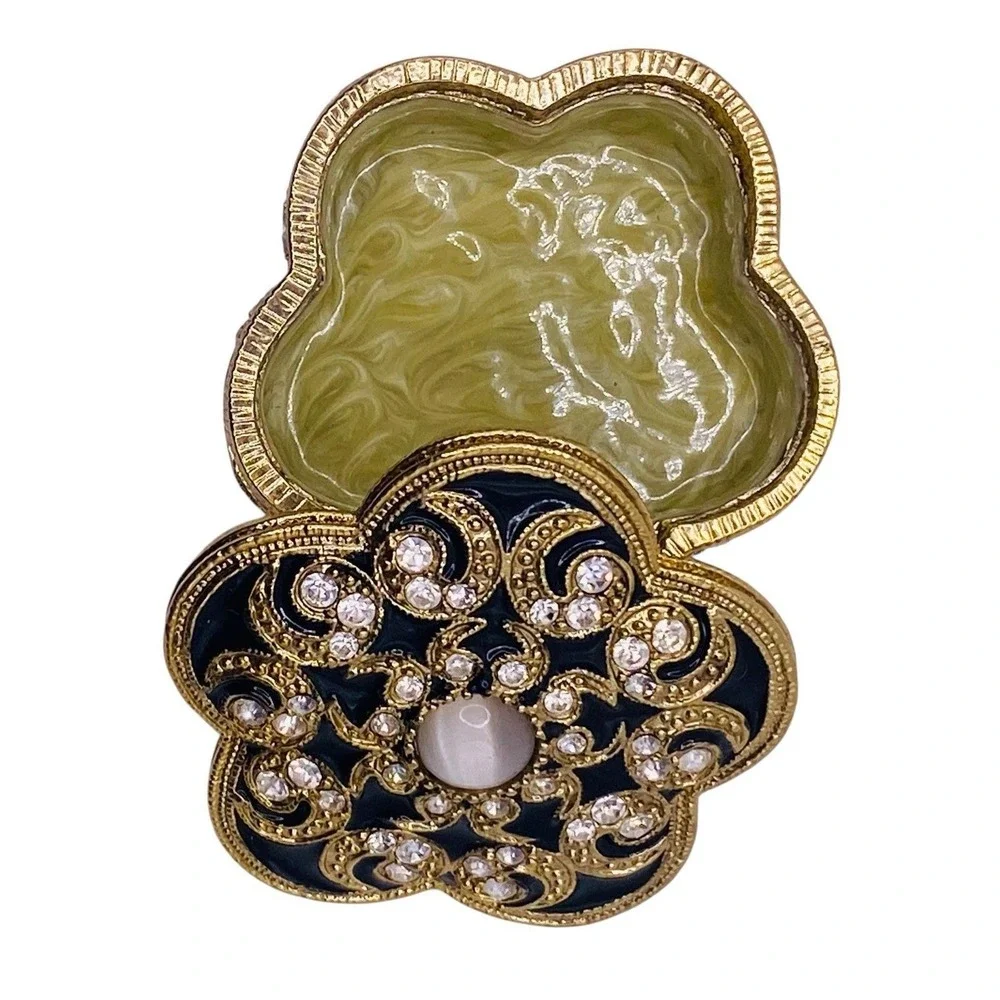 Vintage Swirled Enameled Metal Jeweled Trinket Pill Lidded Box Gold Black Beige